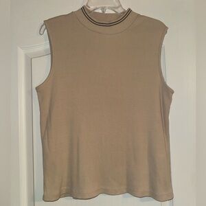 Vintage Tan Sleeveless Mock Neck Rib Tank with black stripes on collar